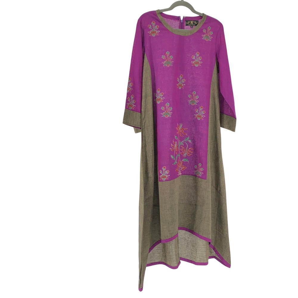 Nazila Couture Purple Olive Embroidered High Low Tunic Dress Small Boho Floral - Picture 1 of 14